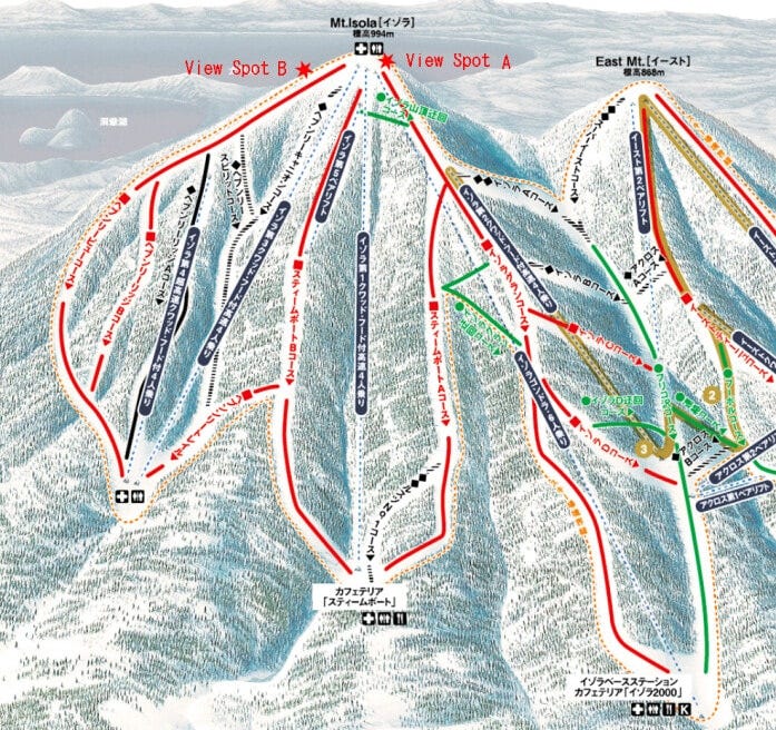 イゾラのコースマップとビュースポット（★表示）