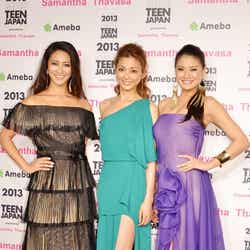 「2013ミス・ティーン・ジャパン」開催発表会に出席した(左から)2011ミス・ユニバース・ジャパン神山まりあさん、押切もえ、2012ミス・ユニバース・ジャパン原綾子さん