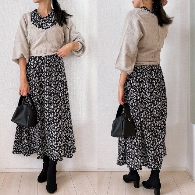 ユニクロ　3Dボリュームスリーブセーター　ワンピース　コーデ