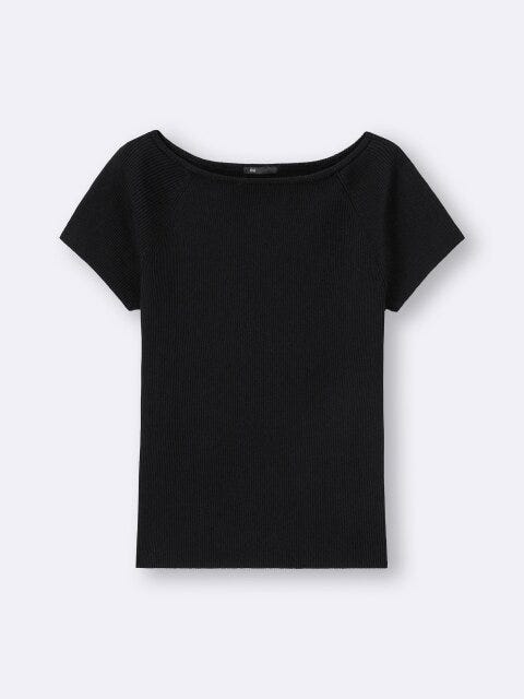 GU　リブニットボートネックプルオーバー（半袖）　BLACK