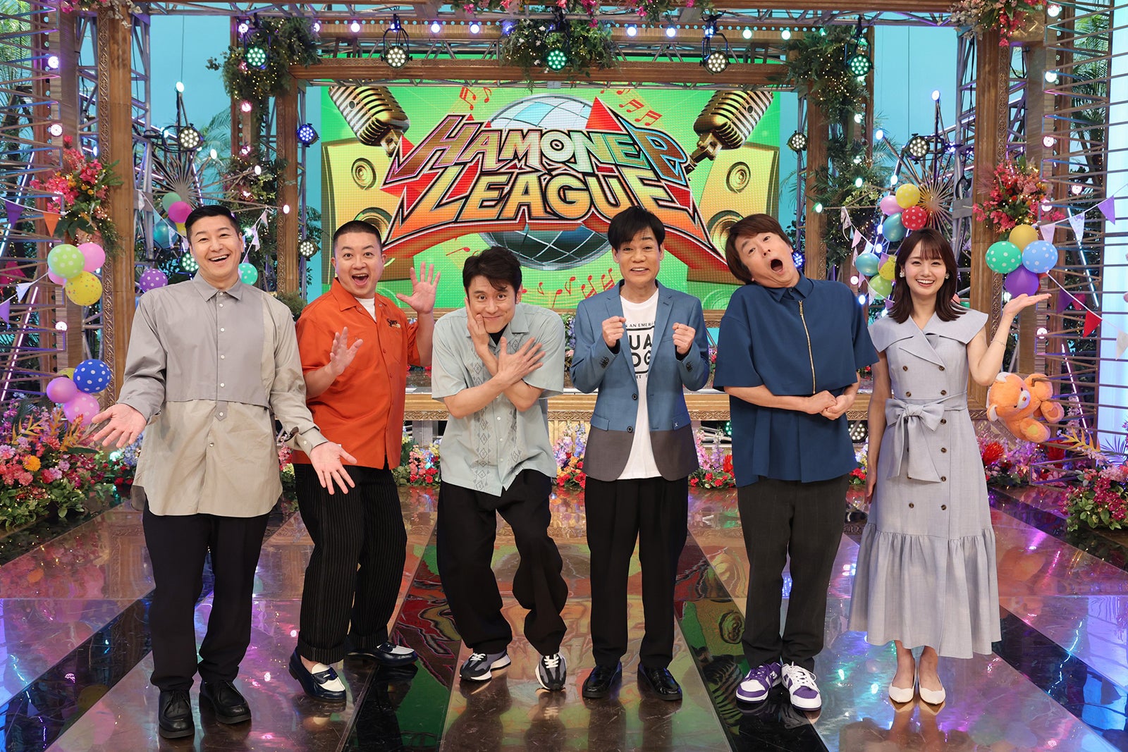 （左から）長田庄平、松尾駿、原田泰造、名倉潤、堀内健、井上清華（C）フジテレビ