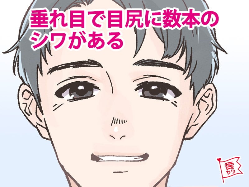 垂れ目で目尻に数本のシワがある