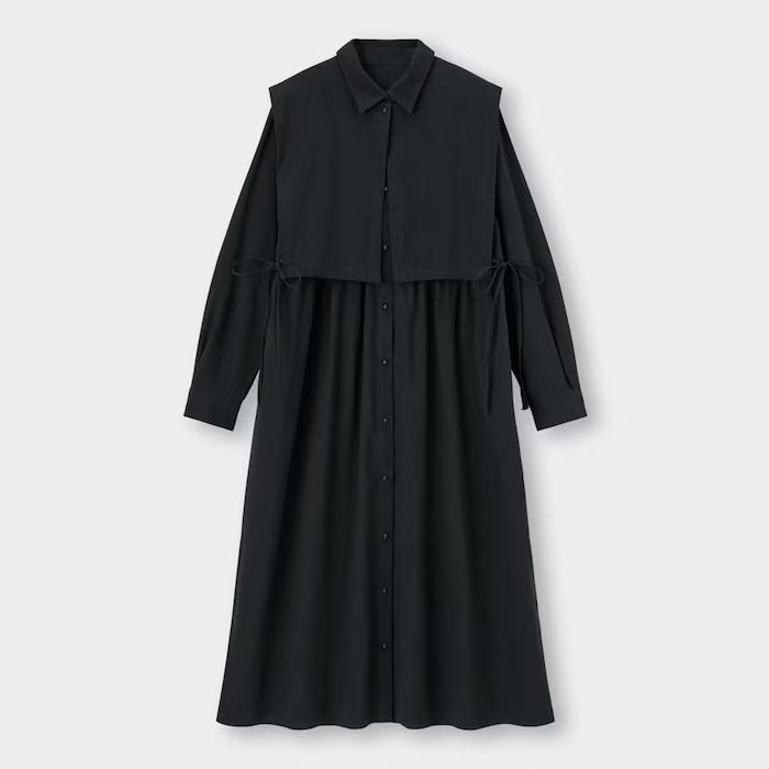 GU　レディース　おすすめ　オススメ　プチプラ　コスパ　高見え　2023　春　黒ワンピース　ワンピース　黒　ブラック　レイヤードワンピース　レイヤード　セット