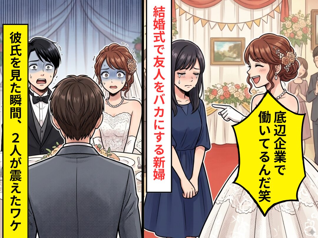 わざわざ結婚式に招待し…「底辺企業で働いてるんだ笑」友人をバカにする新婦！？だが彼氏を見た瞬間⇒新郎新婦が震え出したワケ