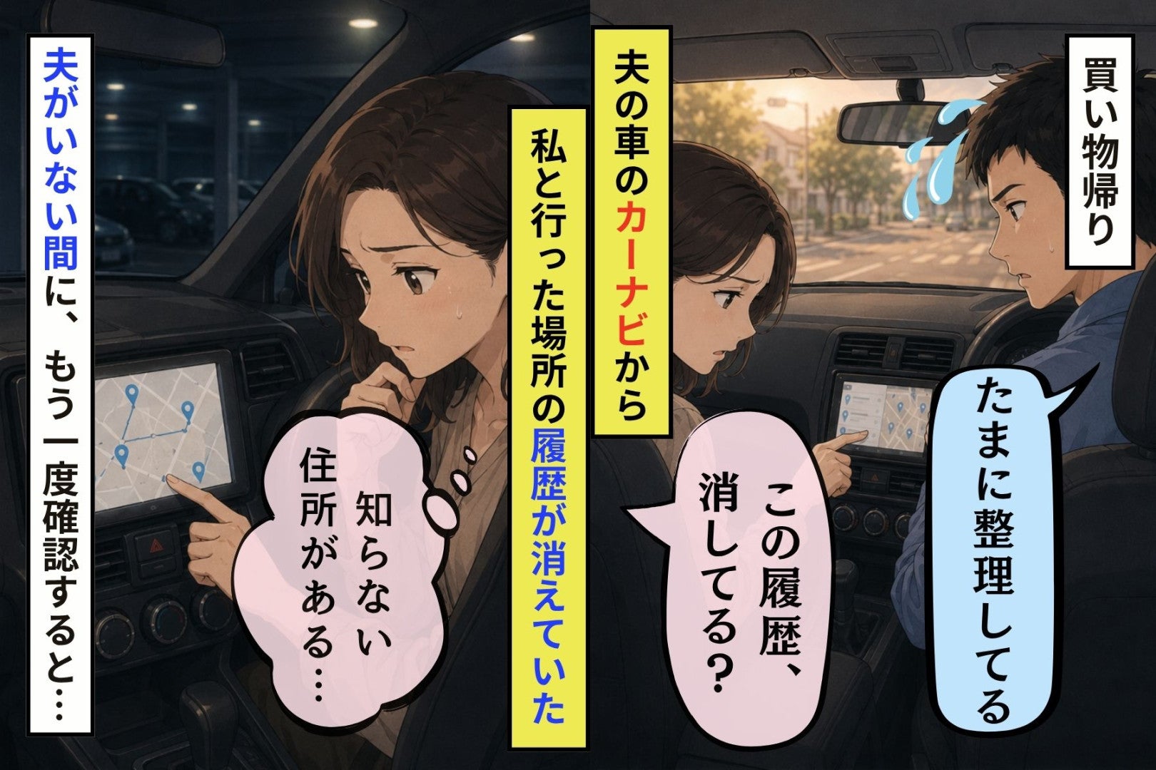 夫の車のカーナビに並ぶ目的地から、私と出かけた場所だけが１つも出てきませんでした