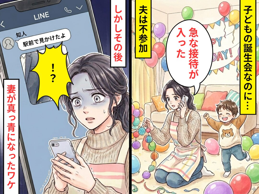 子の誕生会当日…夫「急な接待が入った」しかし「駅前で見かけたよ」⇒知人の連絡に…妻が真っ青になったワケ
