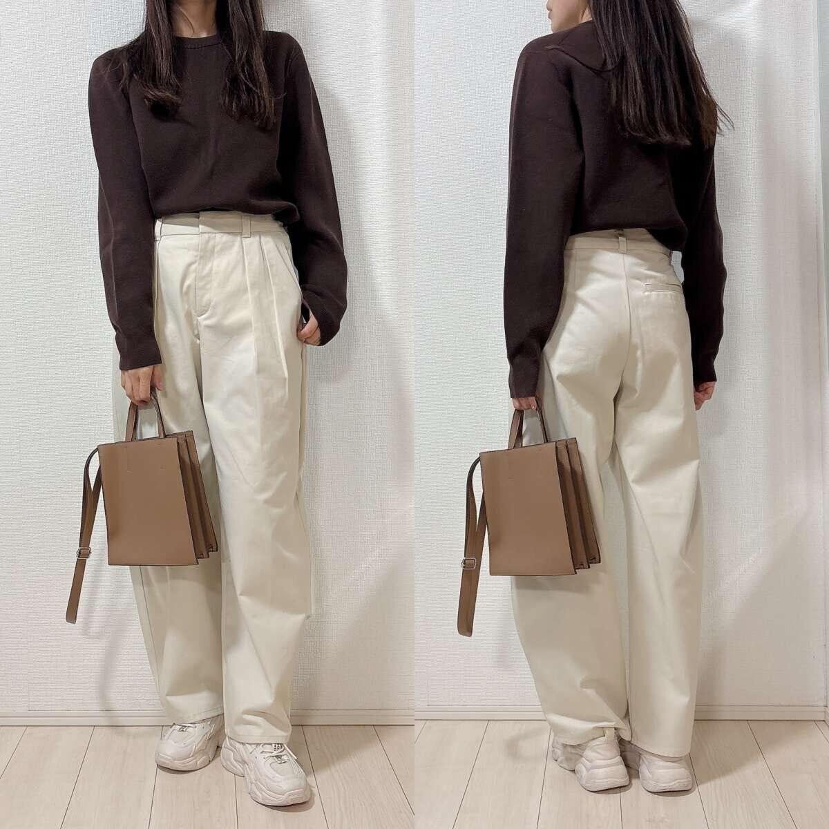 GUチノタックバレルパンツとブラウンニットコーデ