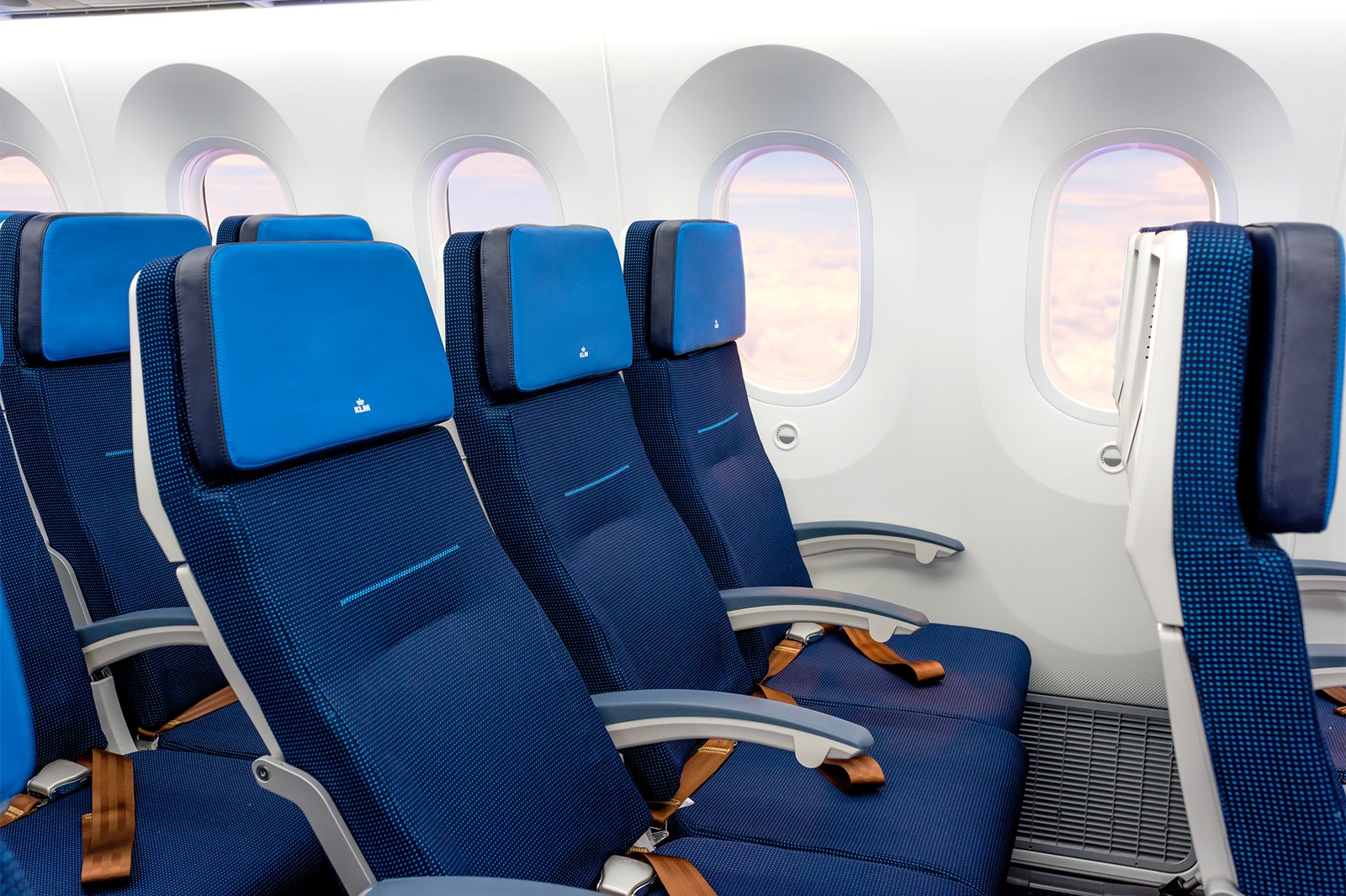 エコノミークラスの鮮やかなブルーのシート（提供写真）