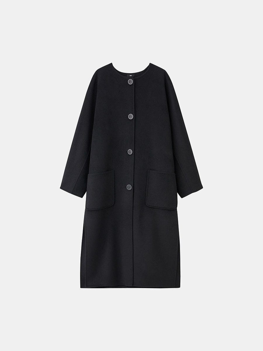 PLSTのウールブレンドリバーカラーレスロングコート