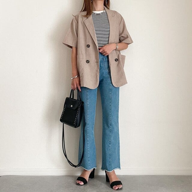 ユニクロ　リブボーダークルーネックT　デニム　コーデ