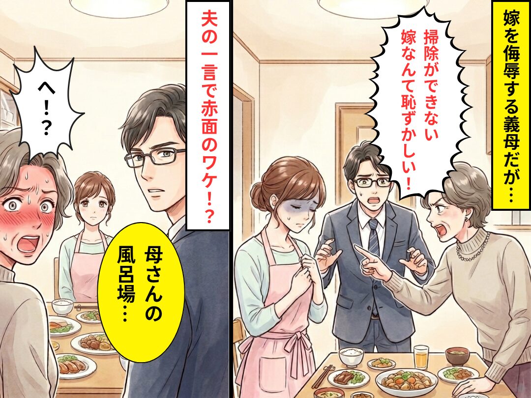義母「掃除ができない嫁なんて恥ずかしい！」しかし⇒夫「母さんの風呂場…」続く言葉に、義母「へ！？」赤面のワケ