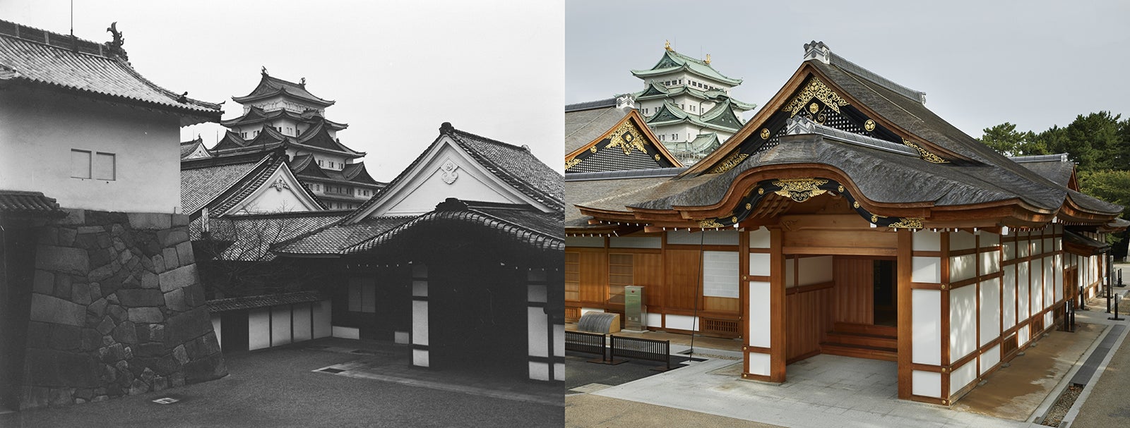 本丸御殿外観と天守閣（左奥）／画像提供：名古屋市観光文化交流局名古屋城総合事務所