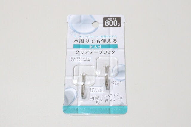 セリア　水周りでも使える耐水性クリアテープフック　パッケージ