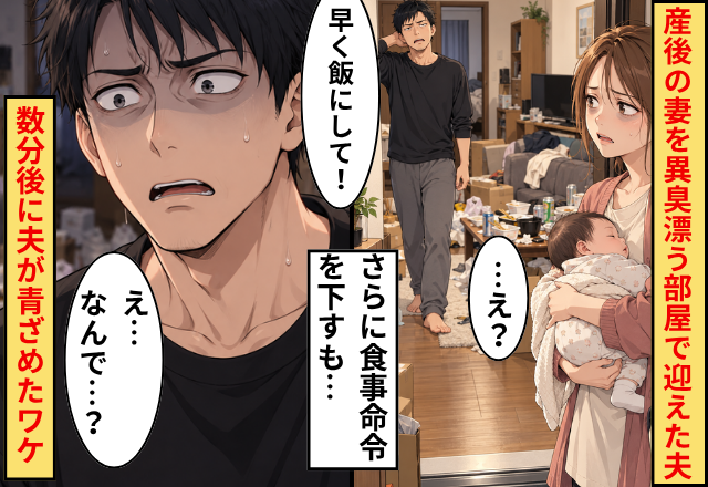 産後の妻を“異臭漂う部屋”で迎えた夫！？さらに「早く飯にして！」だが数分後⇒「え…なんで…」夫が青ざめたワケ