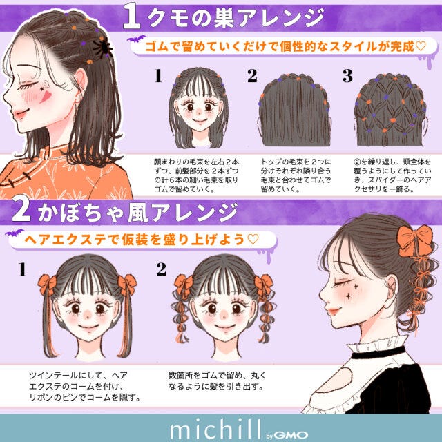 ハロウィーン　仮装ヘアアレンジ　8style　おすすめ　kyoko.　イラスト　クモの巣アレンジ　かぼちゃ風アレンジ