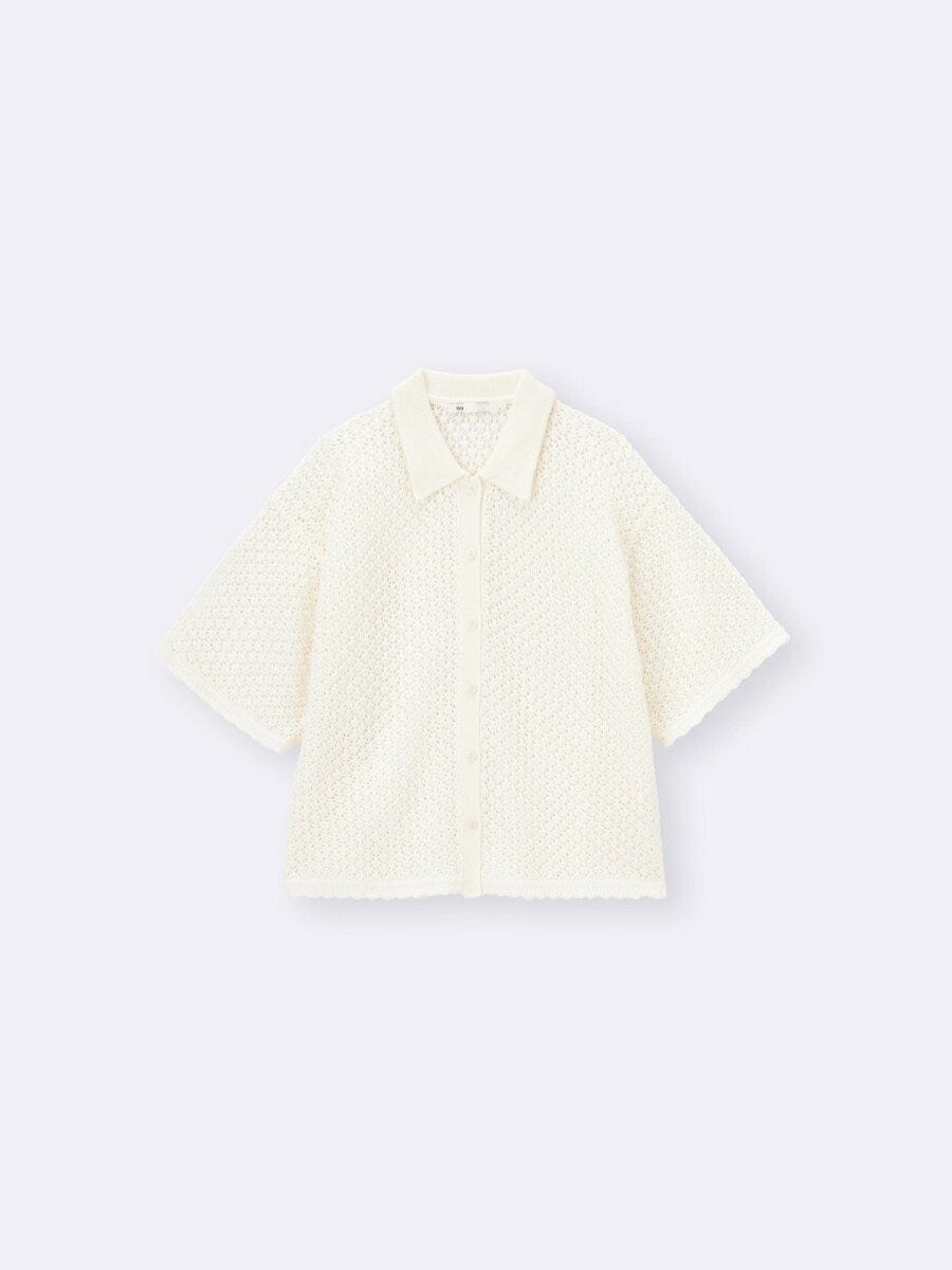 白の透かし編み5分袖ニットシャツ 白の透かし編み5分袖ニットシャツ