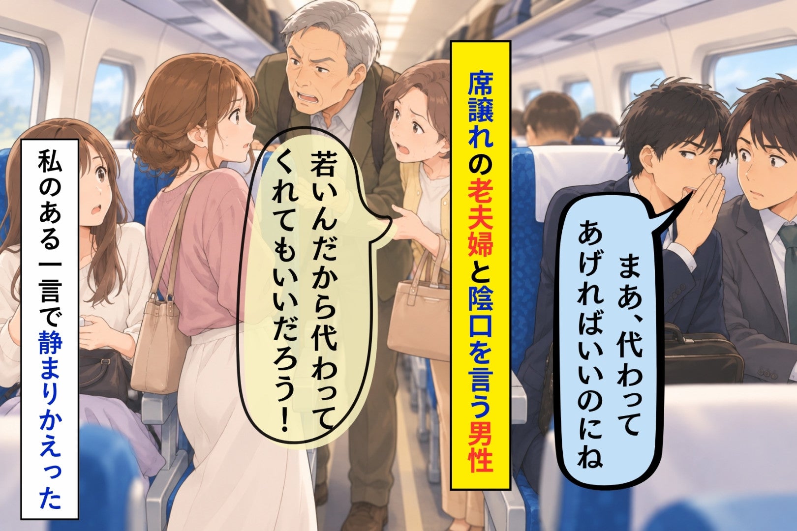 指定席を譲れと粘る夫婦に、友人を責める男性たち。通路に立っていた私が言った一言