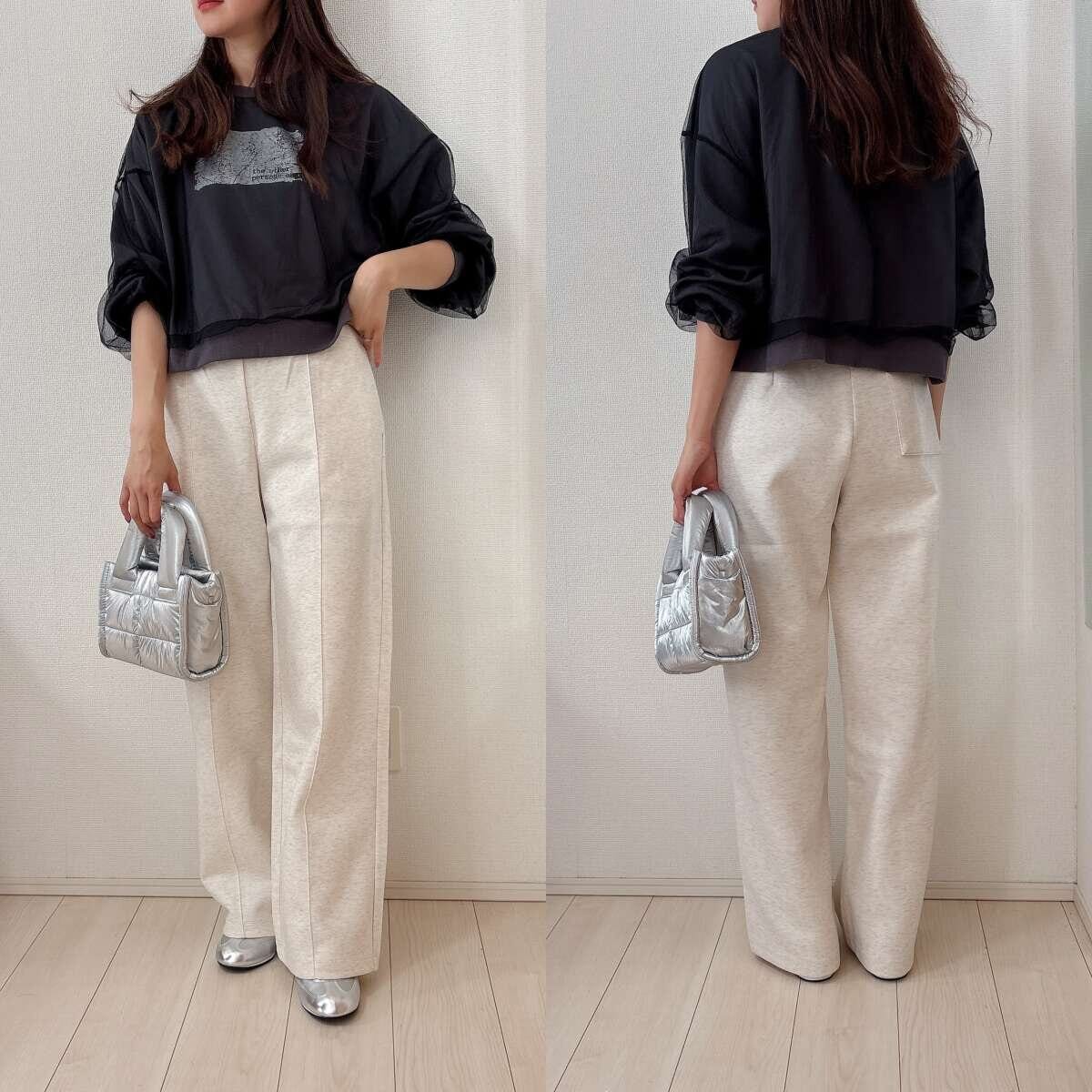 ユニクロ　スウェットストレートパンツ　チュール付きスウェットトップスコーデ