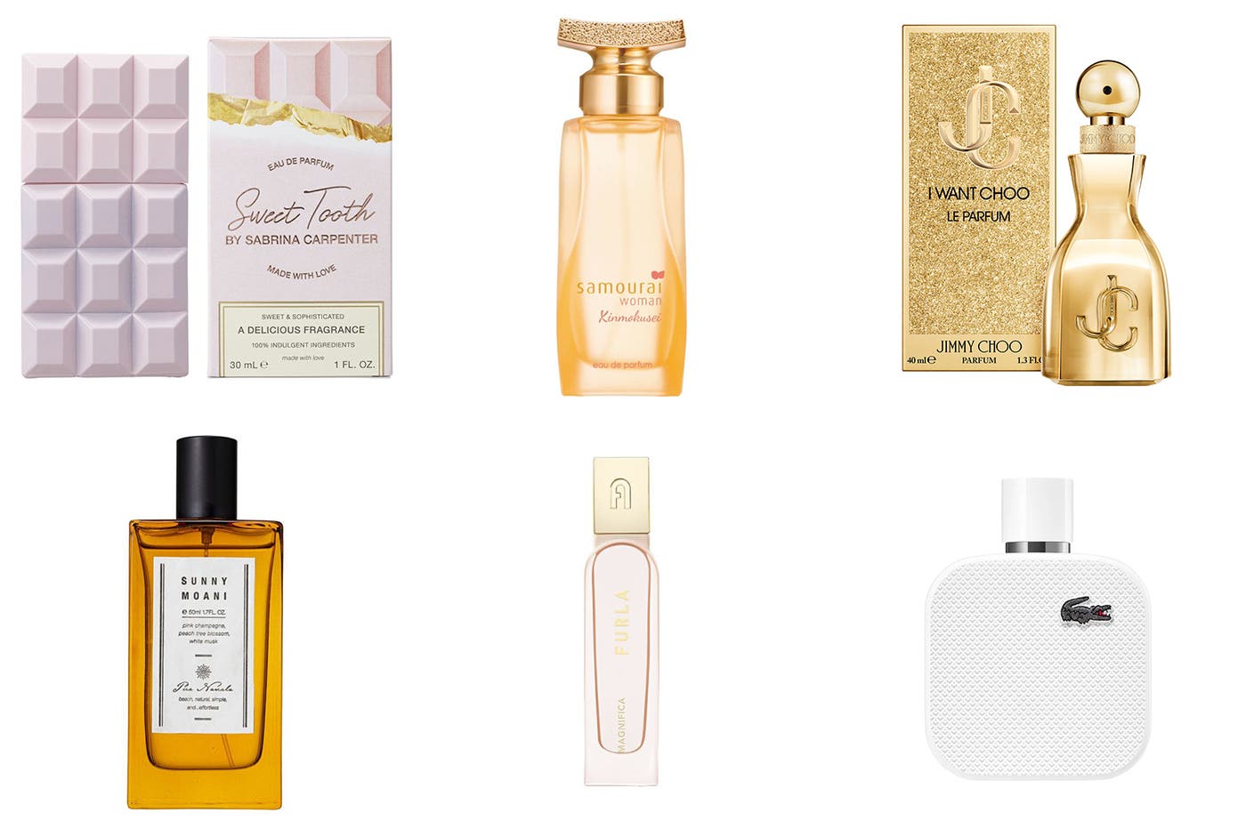 (左上から)【サブリナ・カーペンター】スティート トゥース オードパルファム、【サムライウーマン】キンモクセイ オードパルファム、【ジミー チュウ 】アイ・ウォント・チュウ ル パルファム(左下から)【プア ナナラ】サニーモアニ オードトワレ、【フルラ】マグニフィカ オードパルファム、【ラコステ】L.12.12 ブラン オードトワレ