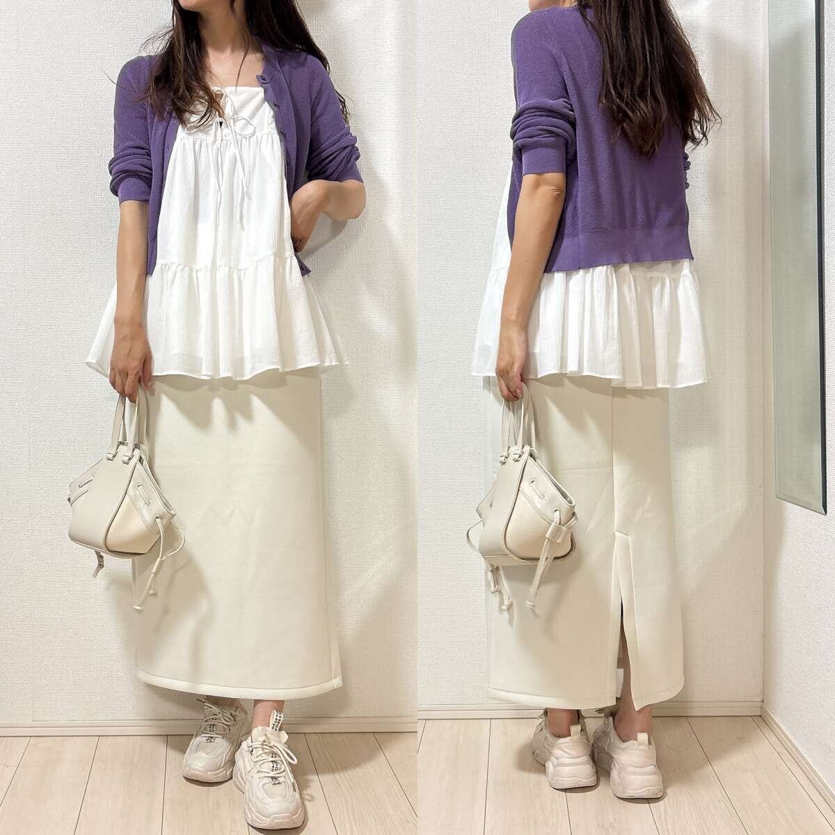 GU　キャミソールチュニック　コーデ　オフホワイトスカート　きれいめ