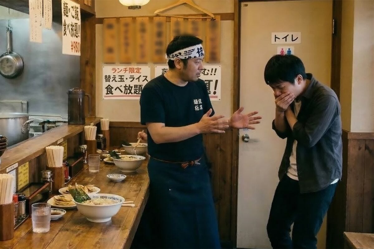 ラーメン屋で気分の悪そうな男性と困る店主のイメージ
