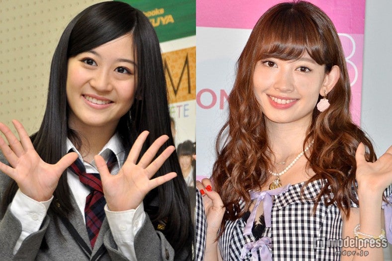 AKB48グループの「うっとり美乳」で1位に輝いた上西恵と、2位の小嶋陽菜（左から）