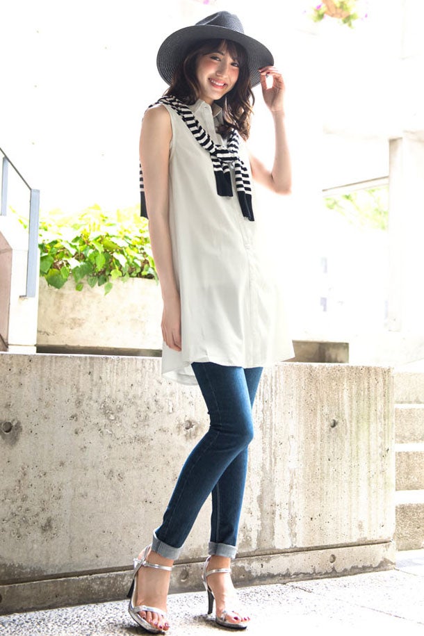 ロング丈☆ノースリブシャツブラウストップス「神戸レタス」1990円（税込）