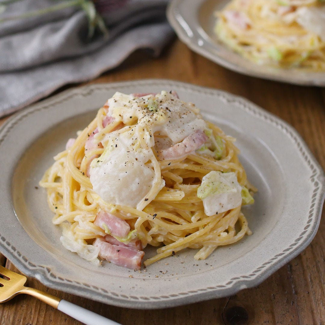 【すぐ麺】生クリームなしで。白菜とベーコンのクリームスパゲッティ