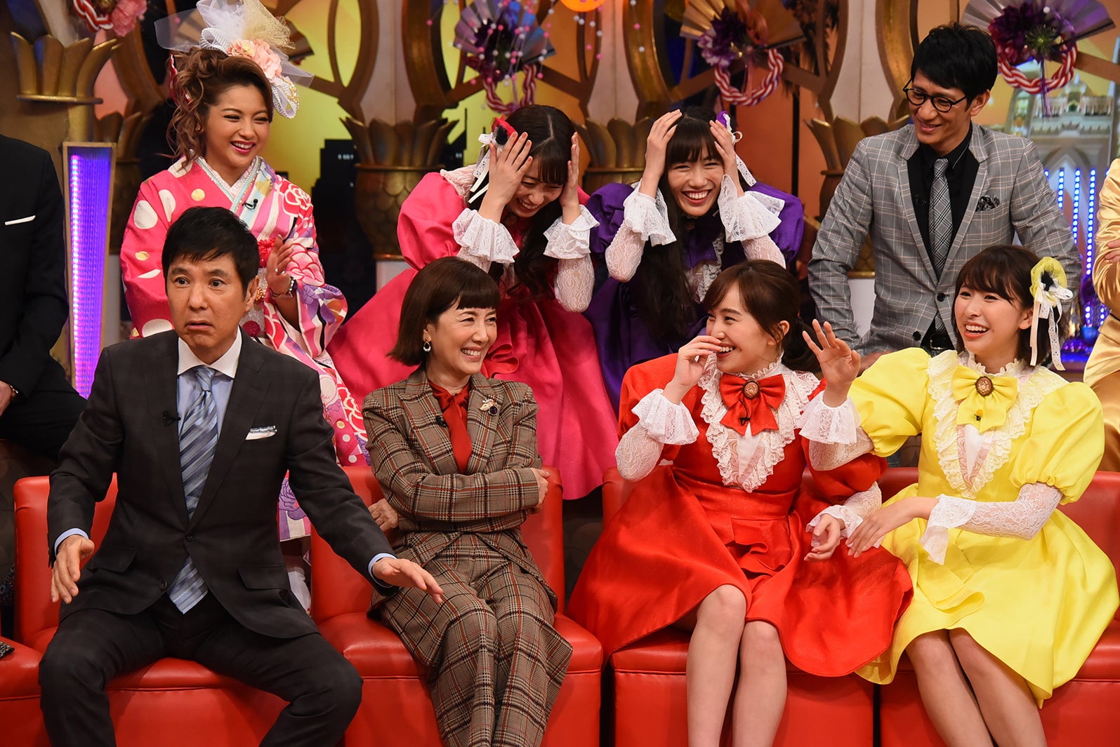 （上段左から）ゆきぽよ、佐々木彩夏、高城れに、柴田英嗣（下段左から）関根勤、戸田恵子、百田夏菜子、玉井詩織（画像提供：関西テレビ）