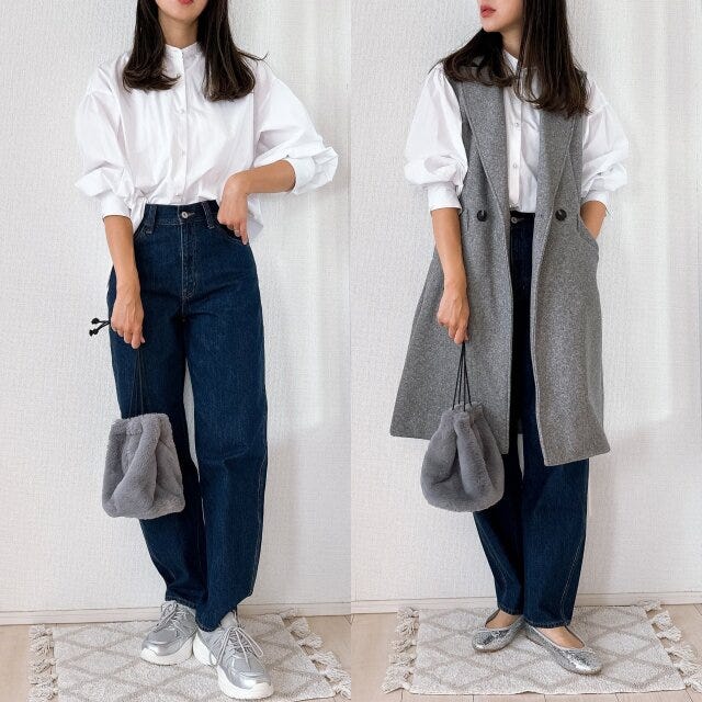 ユニクロユー　カーブジーンズ　着回し　ブラウスジレコーデ
