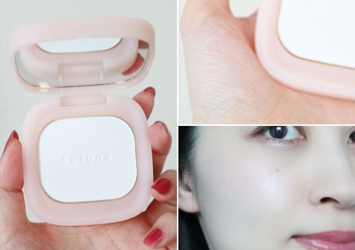 トーンフルールシフォンプレストパウダーのピンクのコンパクトと塗布したセミツヤ肌 トーンフルールシフォンプレストパウダーのピンクのコンパクトと塗布したセミツヤ肌