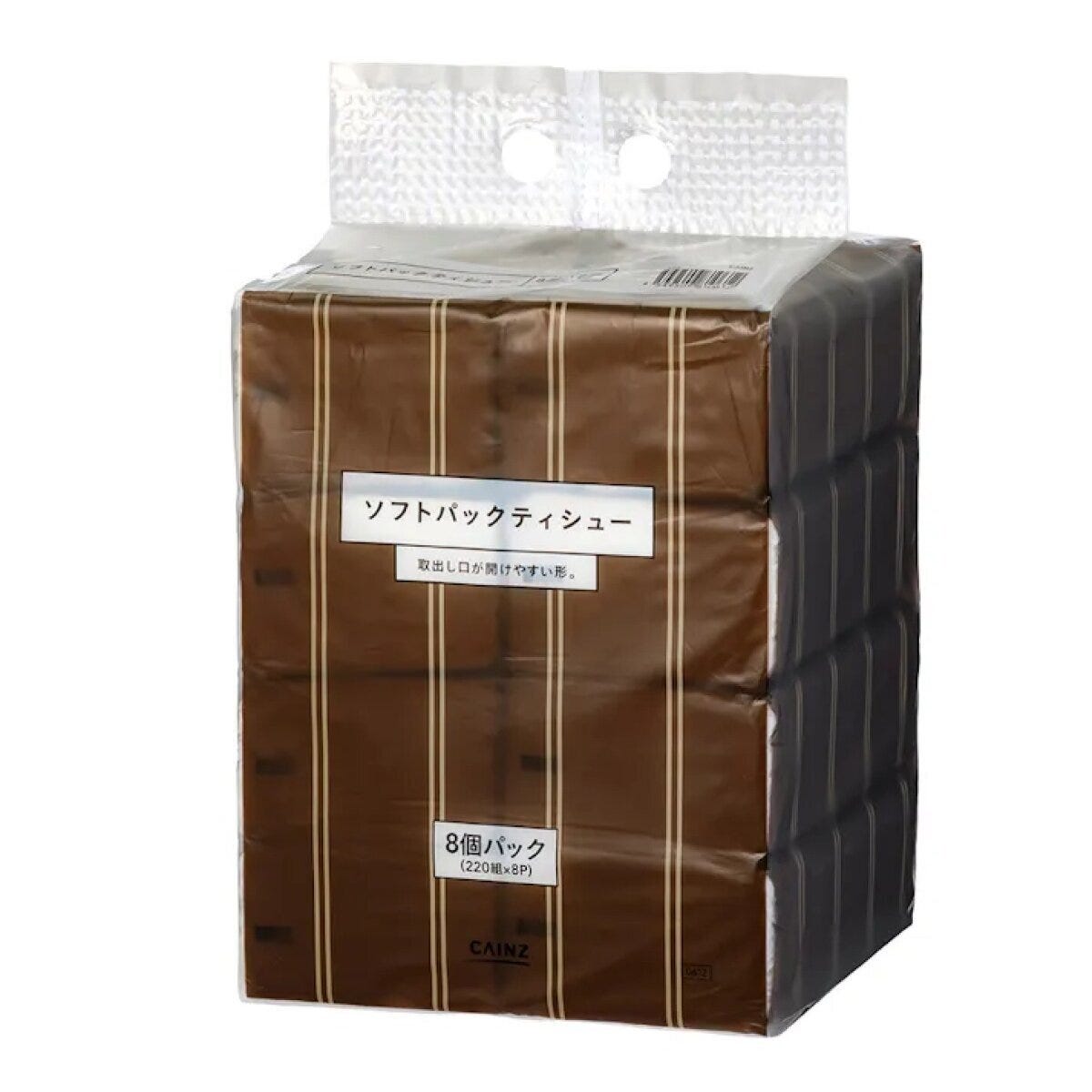 茶色と黒のストライプ柄のソフトパックティシュー8個パック