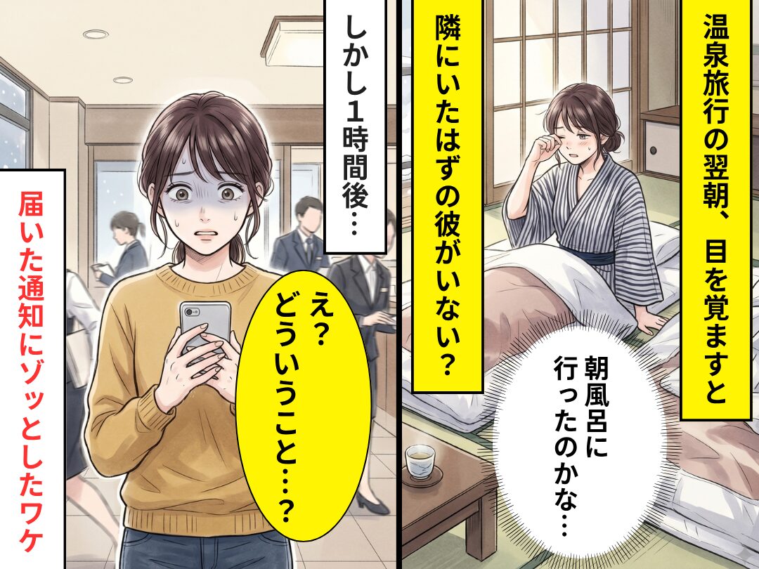 彼と温泉旅行♡翌朝、目覚めた瞬間「あれ…いない？」1時間後⇒背筋がゾッとする【事実】が発覚した話
