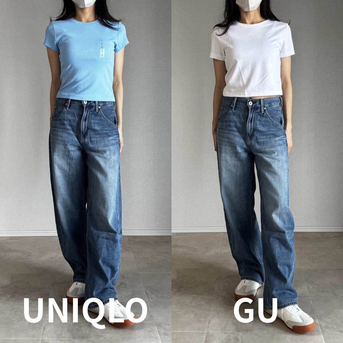 女性がユニクロとGUのミニTを着てワイドデニムを合わせた全身比較 女性がユニクロとGUのミニTを着てワイドデニムを合わせた全身比較