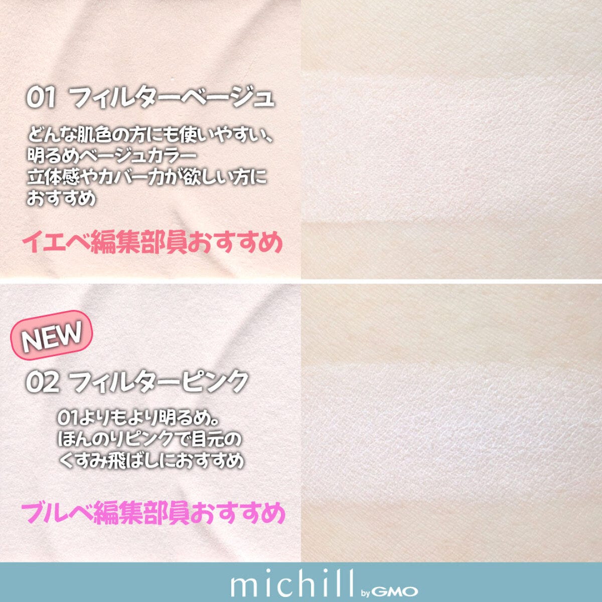 01フィルターベージュと02フィルターピンクの特徴とスウォッチ画像