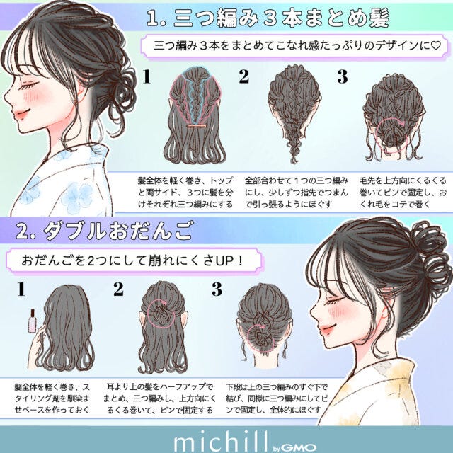 黒髪ロングさん向け　浴衣ヘアアレンジ　簡単　垢抜け　12style　kyoko.　イラスト　三つ編み3本まとめ髪　ダブルおだんご