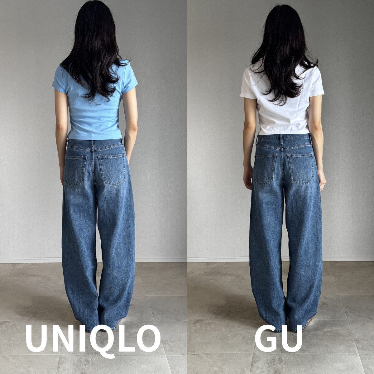 女性がユニクロとGUのミニTを着てワイドデニムを合わせた全身比較の後ろ姿 女性がユニクロとGUのミニTを着てワイドデニムを合わせた全身比較の後ろ姿