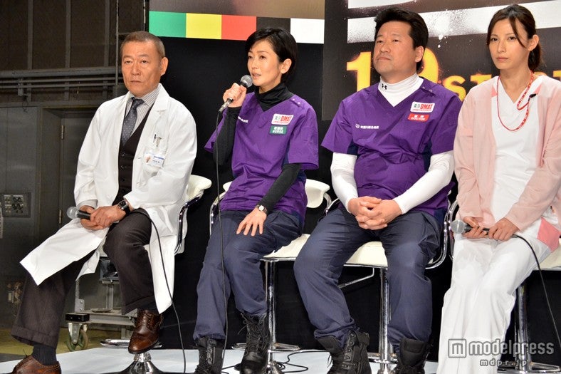 （左から）國村隼、麻生祐未、佐藤二朗、加藤あい／木曜ドラマ劇場「Dr．DMAT （ドクター・ディーマット」)」制作発表