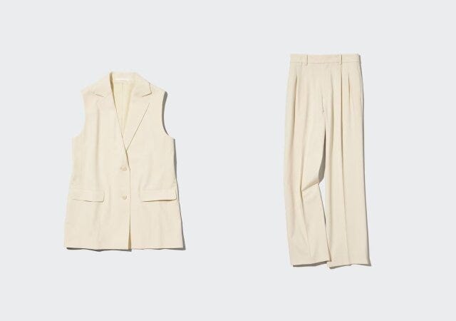 ユニクロ　uniqlo　レディース　おすすめ　オススメ　コスパ　2023　春　時短　簡単　セットアップ　ラク　楽　ロングジレ　ジレ　ベスト　タックワイドパンツ　ワイドパンツ　パンツ