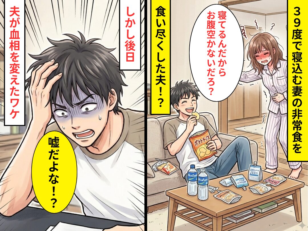 39度で寝込む妻の“非常食”を食い尽くした夫！？しかし後日⇒妻が【用意したモノ】に「嘘だよな！？」夫が血相を変えたワケ