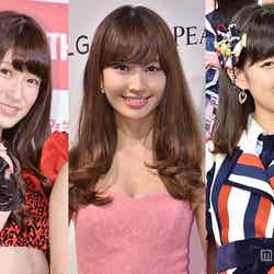 AKB48グループ“ぷるるんリップ”No.1を発表／左から：2位吉田朱里（NMB48）、1位小嶋陽菜（AKB48）、3位渡辺美優紀（NMB48兼SKE48）【モデルプレス】