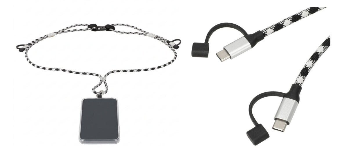 黒白の編み込みスマホショルダーストラップとType-C端子