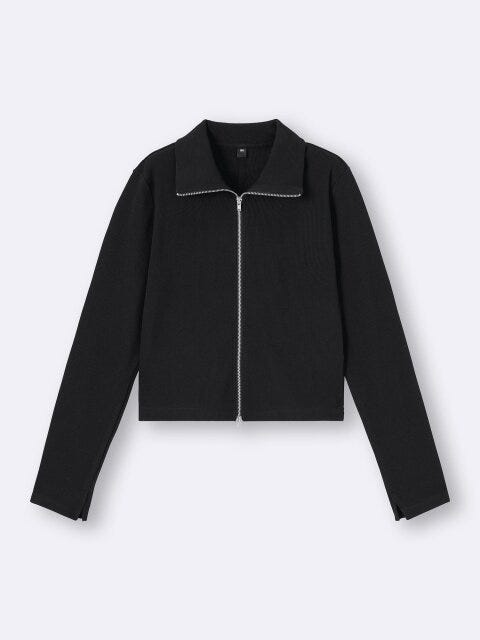 2025gu大人女性おすすめ黒リブダブルジップカーディガン