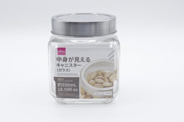 ダイソー　中身が見えるキャニスター（ガラス、約550ml）　パッケージ