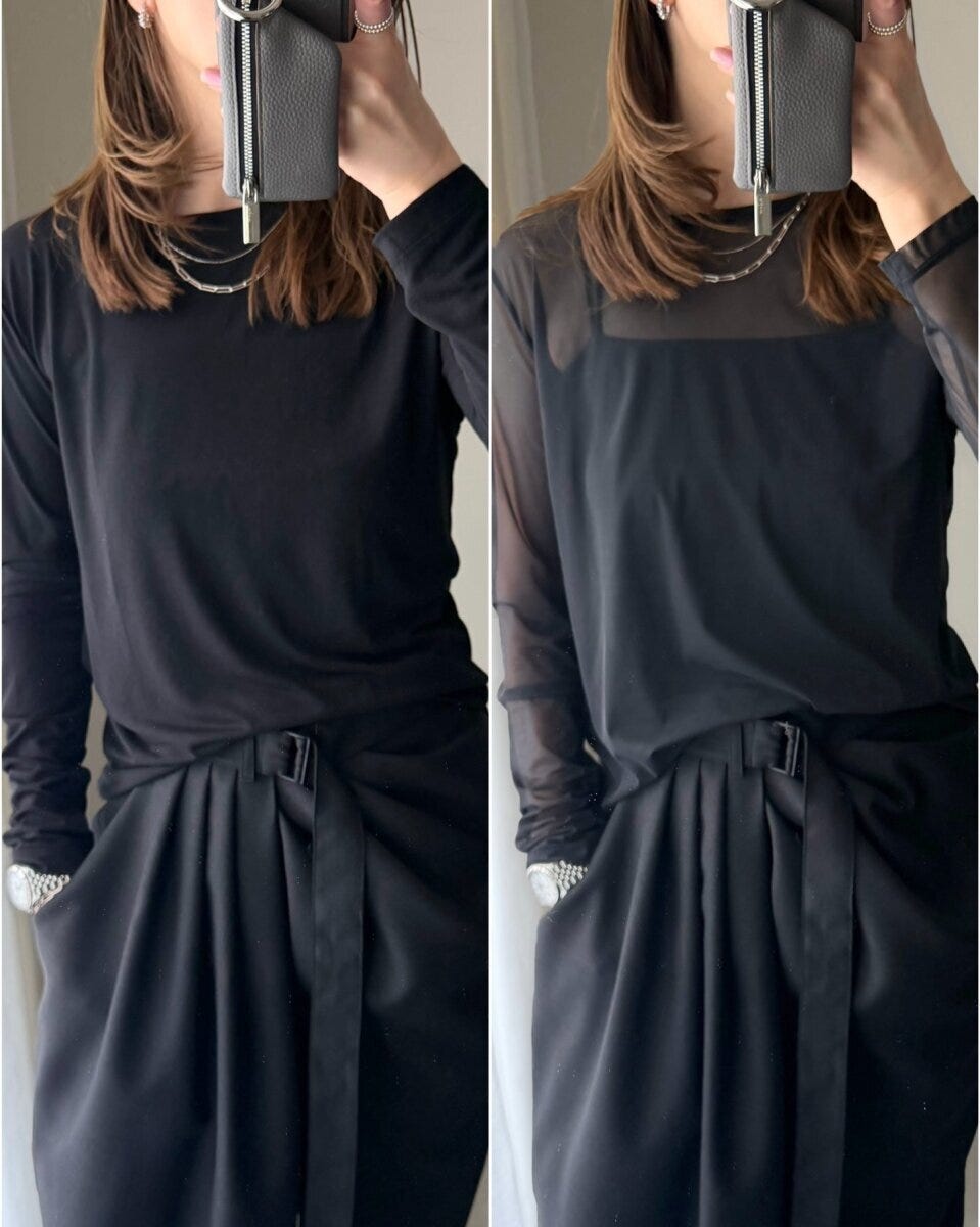 ユニクロのシアーTとシアーメッシュクルーネックT着用1