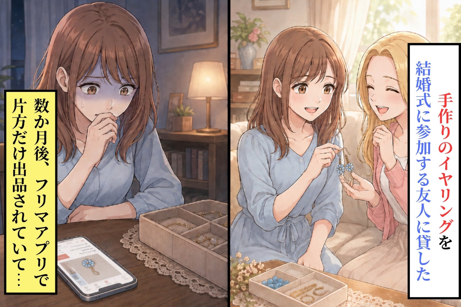 友人に貸した手作りのイヤリングを、フリマアプリの検索結果で見つけた私