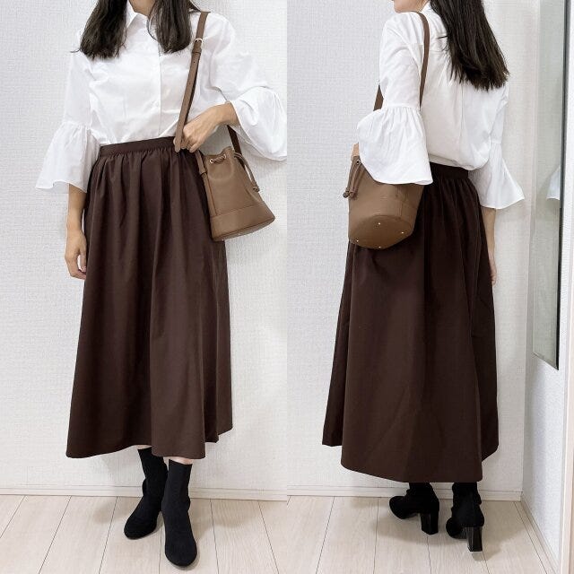 GU　フレアスリーブロングシャツ　スカート　コーデ