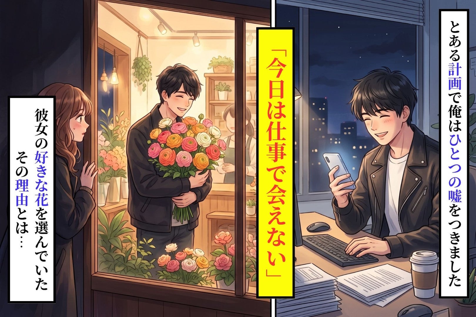 「今日は仕事で会えない」と嘘をついた俺が→花屋で花束を選んでいた、その理由