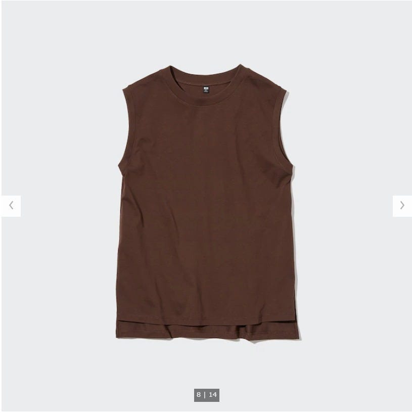 ユニクロ　uniqlo　レディース　アイテム　おすすめ　オススメ　トレンド　人気　コスパ　使える　おしゃれ　お洒落　オシャレ　2022　夏　トップス　体型カバー　エアリズムコットンクルーネックT　エアリズム　ノースリーブ　ブラウン