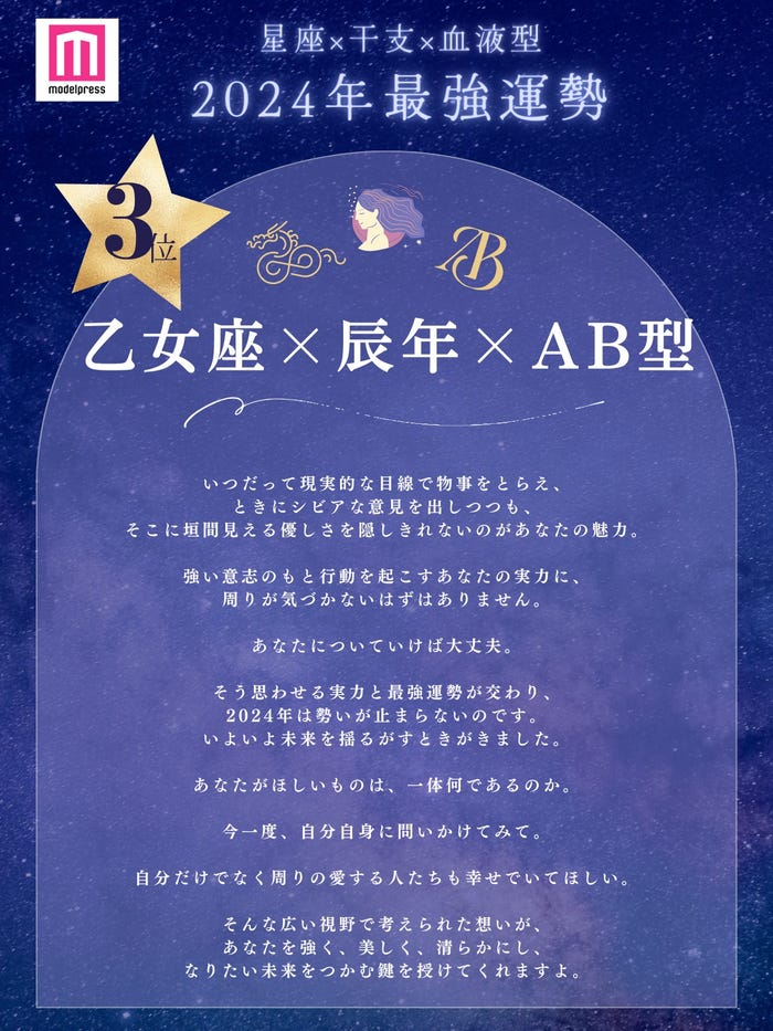 2024年最強運勢第3位「乙女座×辰年×AB型」